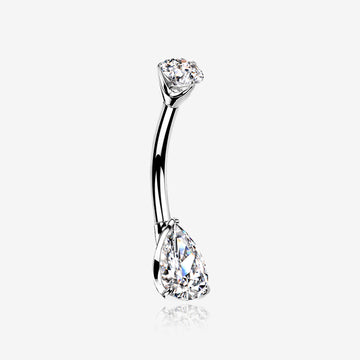 14 Karat White Gold Dainty Brilliant Teardrop Sparkle Belly Button Ring-Clear Gem